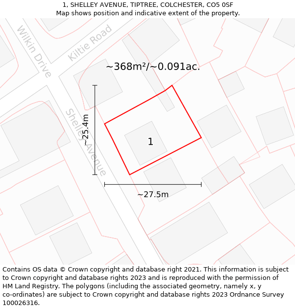 1, SHELLEY AVENUE, TIPTREE, COLCHESTER, CO5 0SF: Plot and title map