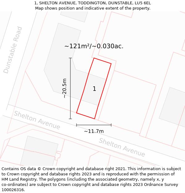 1, SHELTON AVENUE, TODDINGTON, DUNSTABLE, LU5 6EL: Plot and title map