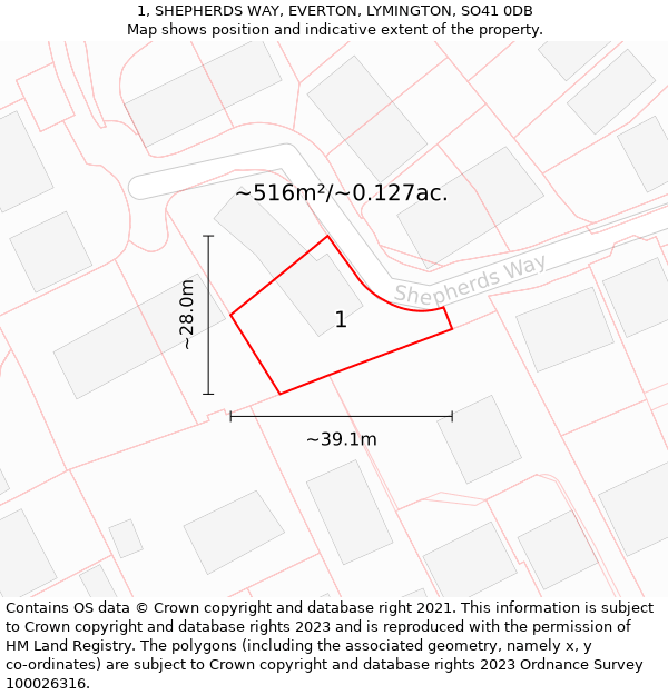 1, SHEPHERDS WAY, EVERTON, LYMINGTON, SO41 0DB: Plot and title map