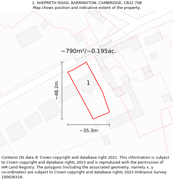 1, SHEPRETH ROAD, BARRINGTON, CAMBRIDGE, CB22 7SB: Plot and title map