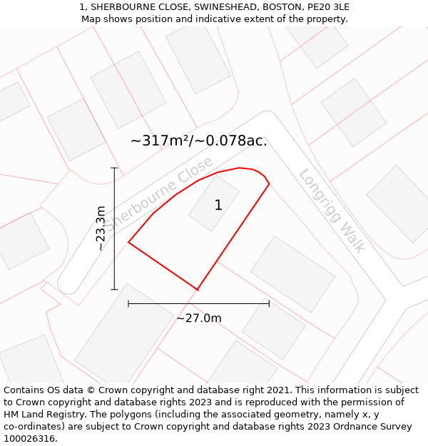 1, SHERBOURNE CLOSE, SWINESHEAD, BOSTON, PE20 3LE: Plot and title map