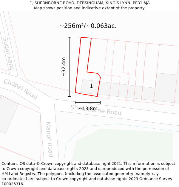 1, SHERNBORNE ROAD, DERSINGHAM, KING'S LYNN, PE31 6JA: Plot and title map