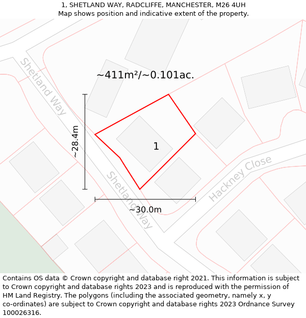 1, SHETLAND WAY, RADCLIFFE, MANCHESTER, M26 4UH: Plot and title map