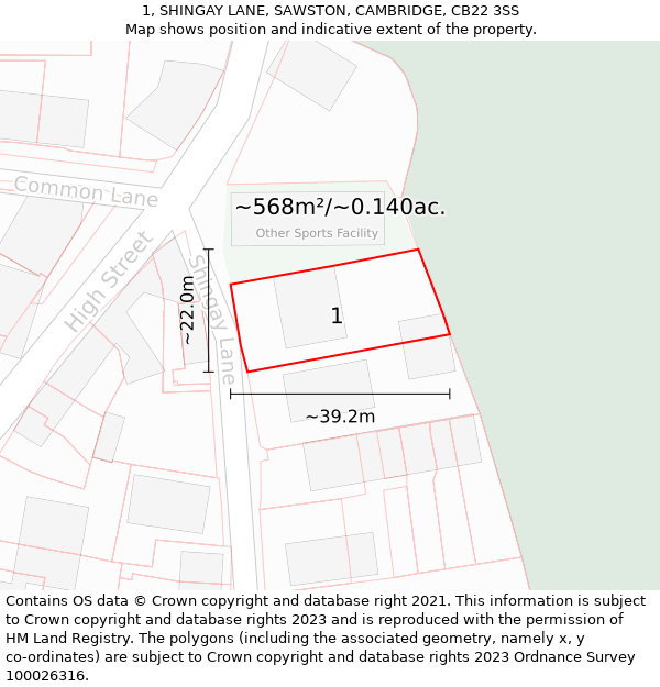 1, SHINGAY LANE, SAWSTON, CAMBRIDGE, CB22 3SS: Plot and title map