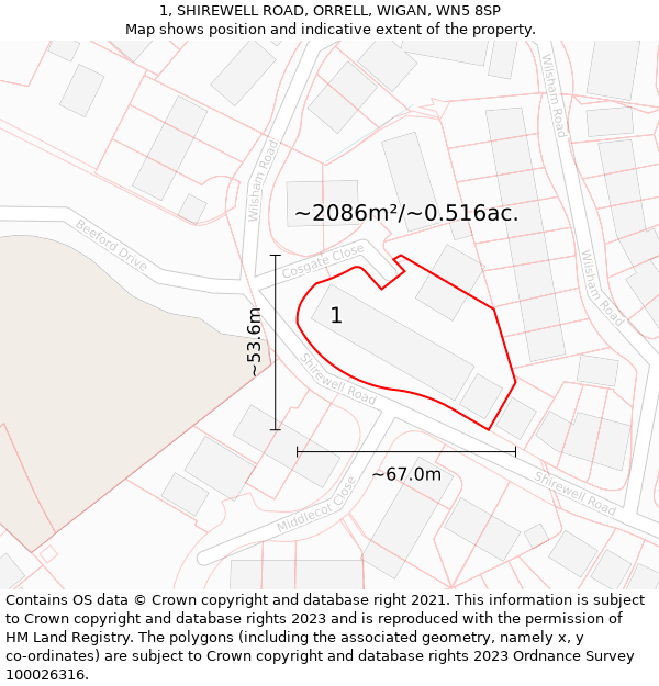 1, SHIREWELL ROAD, ORRELL, WIGAN, WN5 8SP: Plot and title map