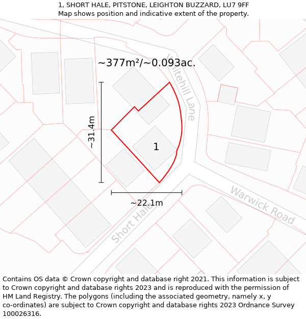 1, SHORT HALE, PITSTONE, LEIGHTON BUZZARD, LU7 9FF: Plot and title map