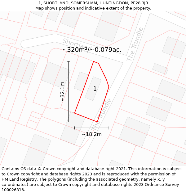 1, SHORTLAND, SOMERSHAM, HUNTINGDON, PE28 3JR: Plot and title map