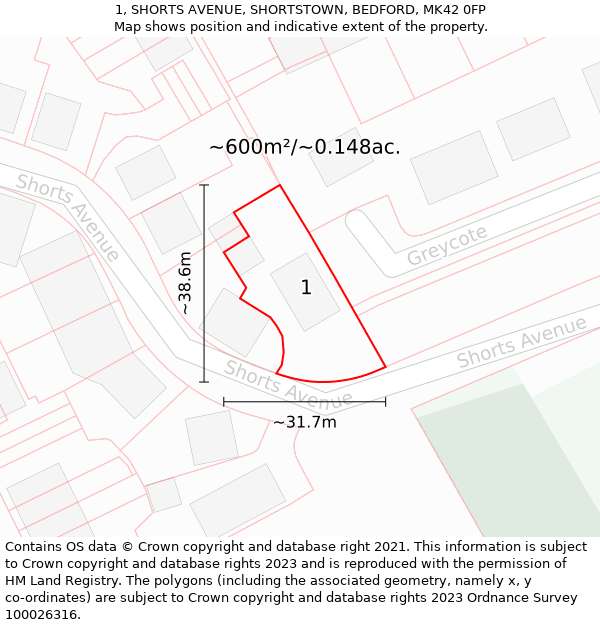 1, SHORTS AVENUE, SHORTSTOWN, BEDFORD, MK42 0FP: Plot and title map