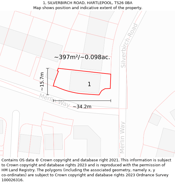 1, SILVERBIRCH ROAD, HARTLEPOOL, TS26 0BA: Plot and title map