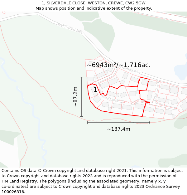 1, SILVERDALE CLOSE, WESTON, CREWE, CW2 5GW: Plot and title map