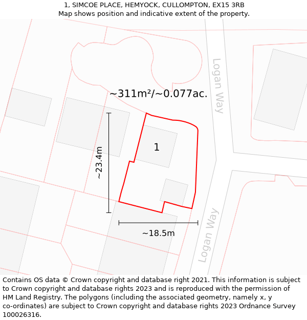 1, SIMCOE PLACE, HEMYOCK, CULLOMPTON, EX15 3RB: Plot and title map