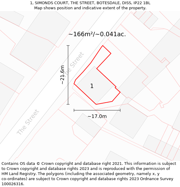 1, SIMONDS COURT, THE STREET, BOTESDALE, DISS, IP22 1BL: Plot and title map