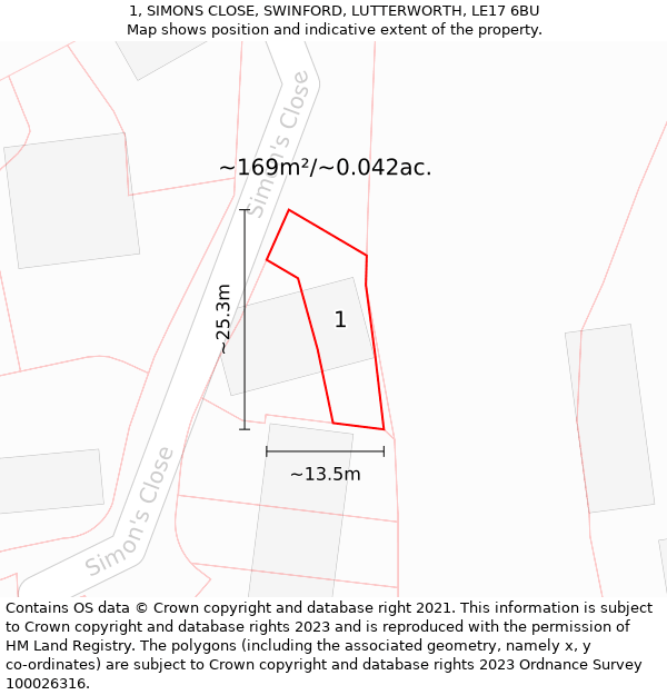 1, SIMONS CLOSE, SWINFORD, LUTTERWORTH, LE17 6BU: Plot and title map