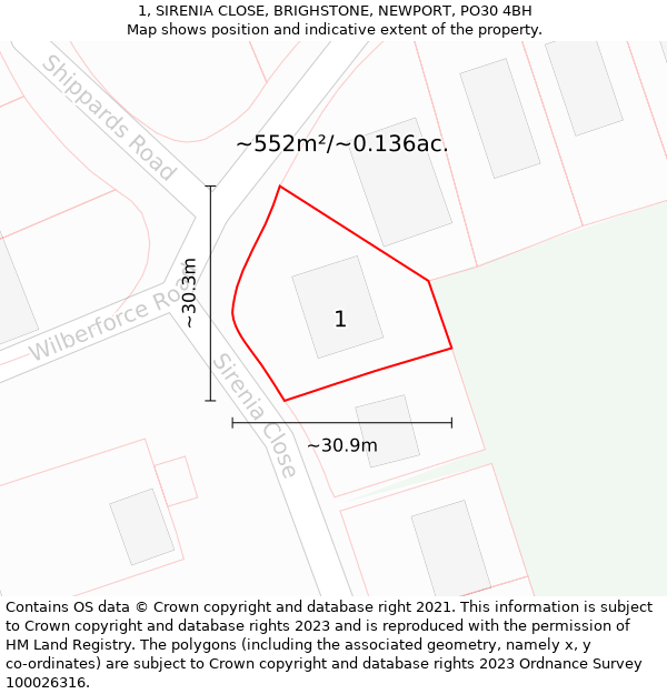 1, SIRENIA CLOSE, BRIGHSTONE, NEWPORT, PO30 4BH: Plot and title map