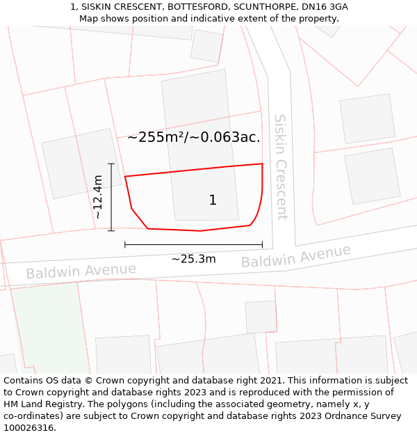 1, SISKIN CRESCENT, BOTTESFORD, SCUNTHORPE, DN16 3GA: Plot and title map