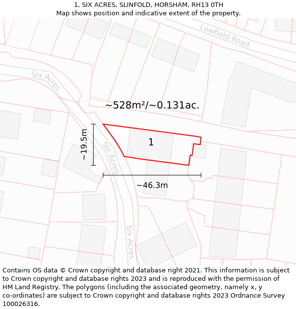 1, SIX ACRES, SLINFOLD, HORSHAM, RH13 0TH: Plot and title map