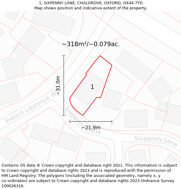1, SIXPENNY LANE, CHALGROVE, OXFORD, OX44 7YD: Plot and title map