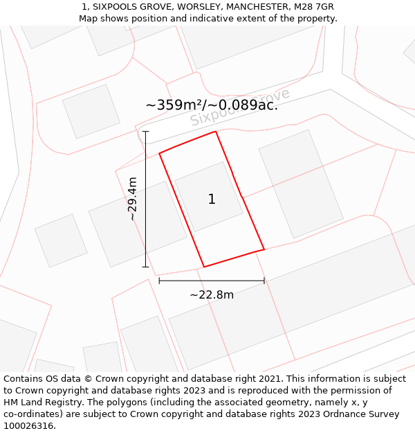 1, SIXPOOLS GROVE, WORSLEY, MANCHESTER, M28 7GR: Plot and title map