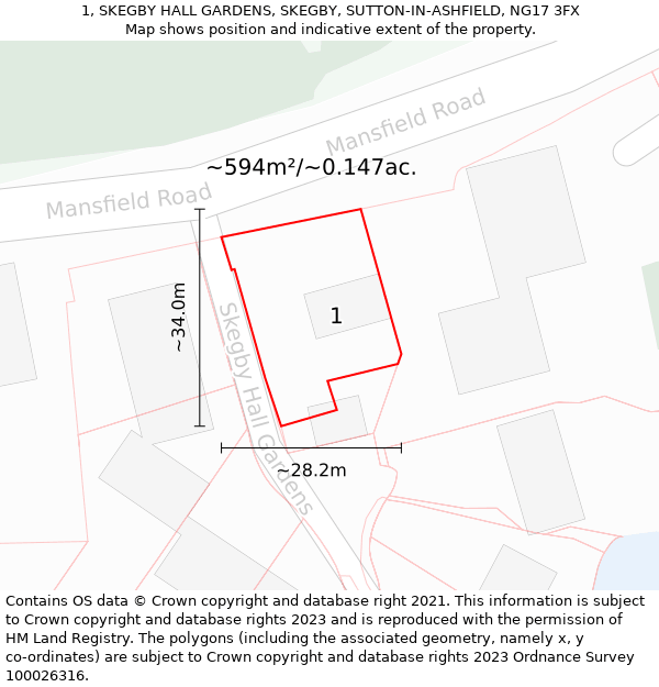 1, SKEGBY HALL GARDENS, SKEGBY, SUTTON-IN-ASHFIELD, NG17 3FX: Plot and title map