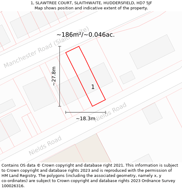 1, SLAWTREE COURT, SLAITHWAITE, HUDDERSFIELD, HD7 5JF: Plot and title map