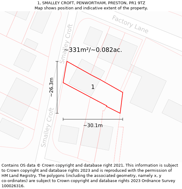 1, SMALLEY CROFT, PENWORTHAM, PRESTON, PR1 9TZ: Plot and title map