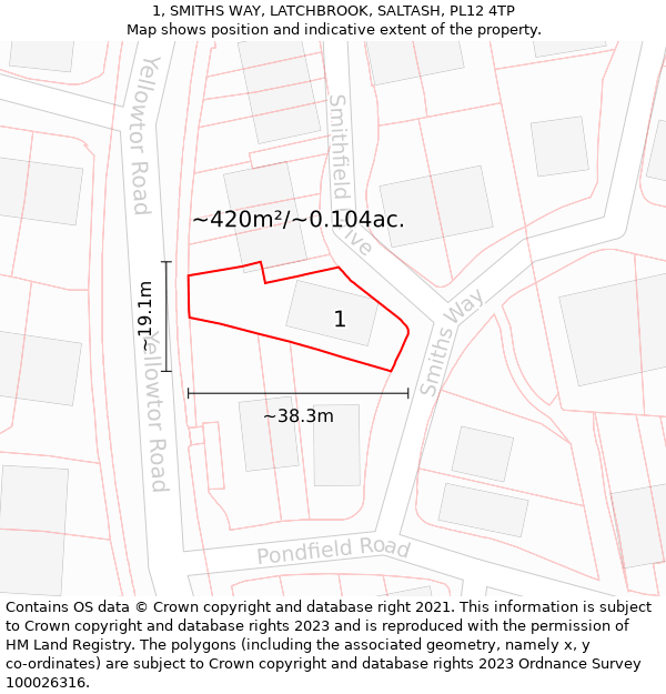 1, SMITHS WAY, LATCHBROOK, SALTASH, PL12 4TP: Plot and title map