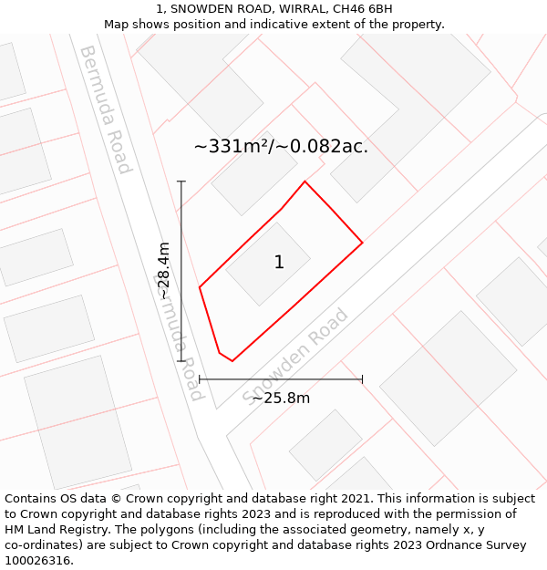 1, SNOWDEN ROAD, WIRRAL, CH46 6BH: Plot and title map