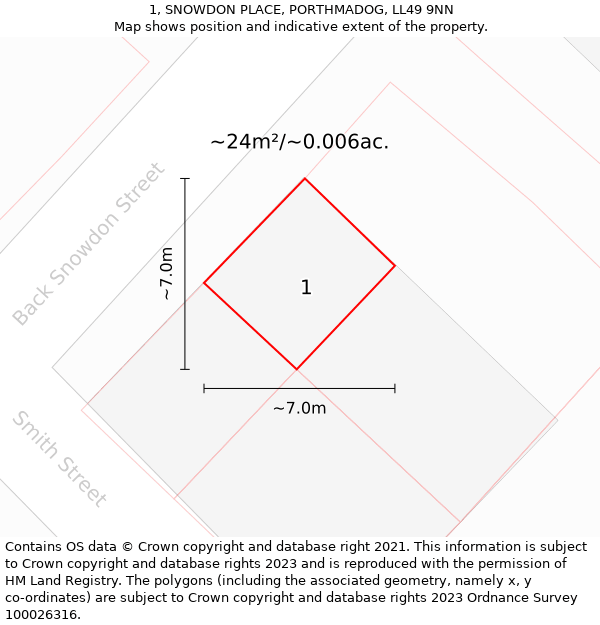 1, SNOWDON PLACE, PORTHMADOG, LL49 9NN: Plot and title map