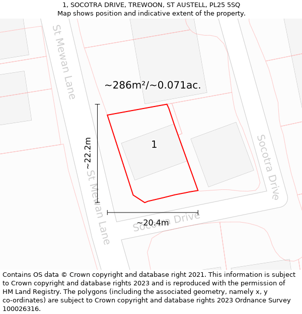 1, SOCOTRA DRIVE, TREWOON, ST AUSTELL, PL25 5SQ: Plot and title map