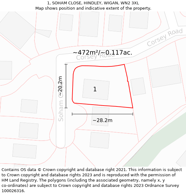 1, SOHAM CLOSE, HINDLEY, WIGAN, WN2 3XL: Plot and title map