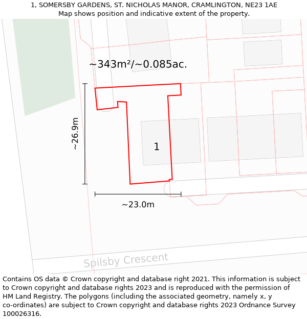 1, SOMERSBY GARDENS, ST. NICHOLAS MANOR, CRAMLINGTON, NE23 1AE: Plot and title map