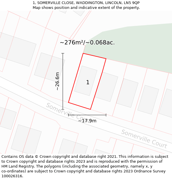 1, SOMERVILLE CLOSE, WADDINGTON, LINCOLN, LN5 9QP: Plot and title map