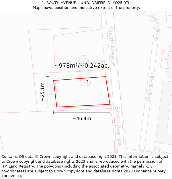 1, SOUTH AVENUE, LUND, DRIFFIELD, YO25 9TL: Plot and title map