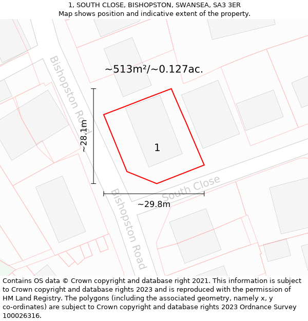 1, SOUTH CLOSE, BISHOPSTON, SWANSEA, SA3 3ER: Plot and title map