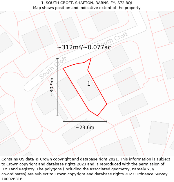 1, SOUTH CROFT, SHAFTON, BARNSLEY, S72 8QL: Plot and title map