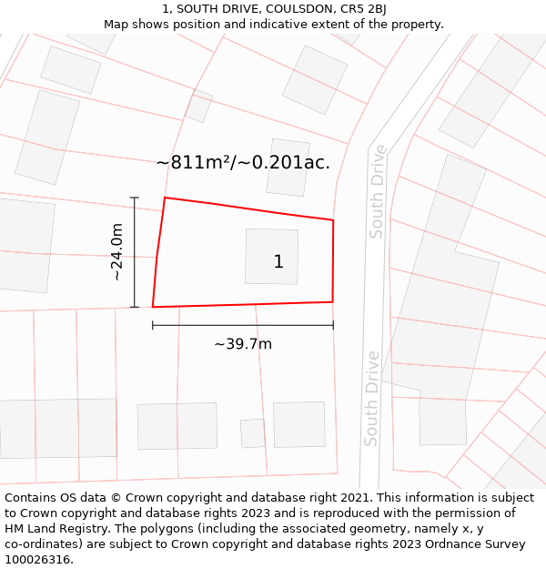 1, SOUTH DRIVE, COULSDON, CR5 2BJ: Plot and title map