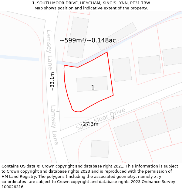 1, SOUTH MOOR DRIVE, HEACHAM, KING'S LYNN, PE31 7BW: Plot and title map