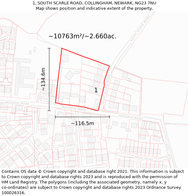 1, SOUTH SCARLE ROAD, COLLINGHAM, NEWARK, NG23 7NU: Plot and title map