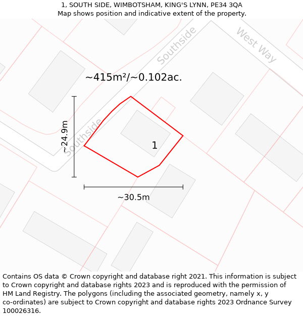 1, SOUTH SIDE, WIMBOTSHAM, KING'S LYNN, PE34 3QA: Plot and title map