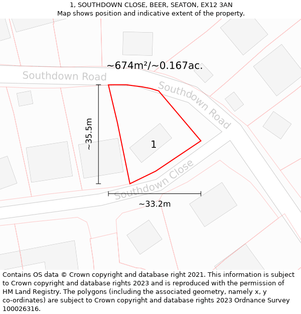 1, SOUTHDOWN CLOSE, BEER, SEATON, EX12 3AN: Plot and title map