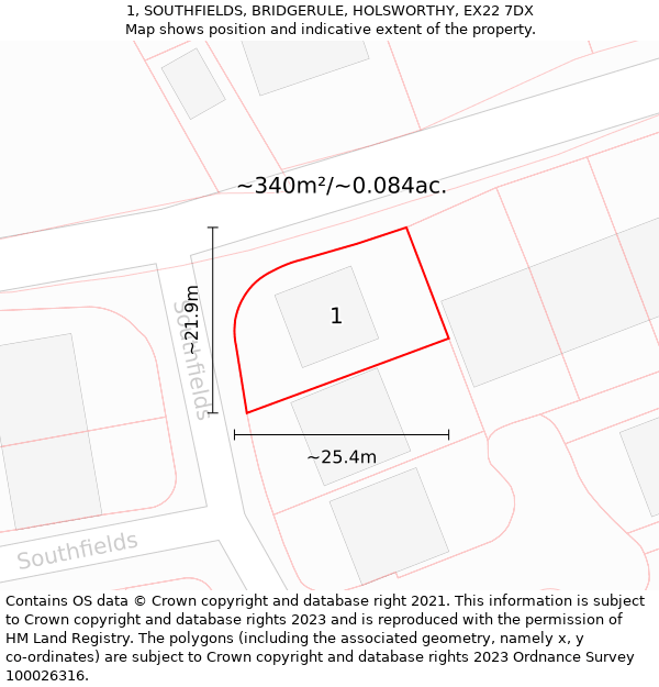 1, SOUTHFIELDS, BRIDGERULE, HOLSWORTHY, EX22 7DX: Plot and title map