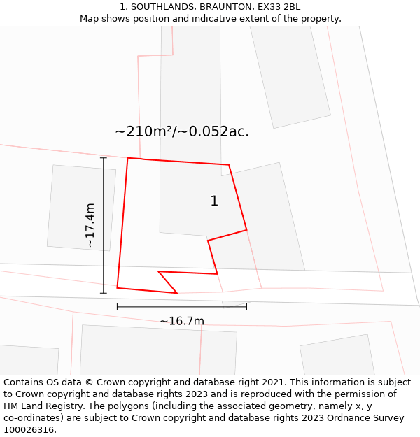 1, SOUTHLANDS, BRAUNTON, EX33 2BL: Plot and title map