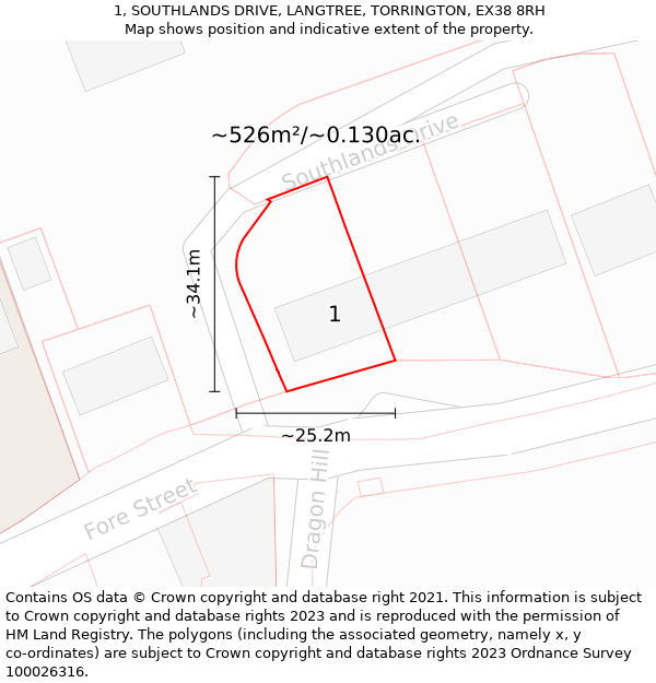 1, SOUTHLANDS DRIVE, LANGTREE, TORRINGTON, EX38 8RH: Plot and title map