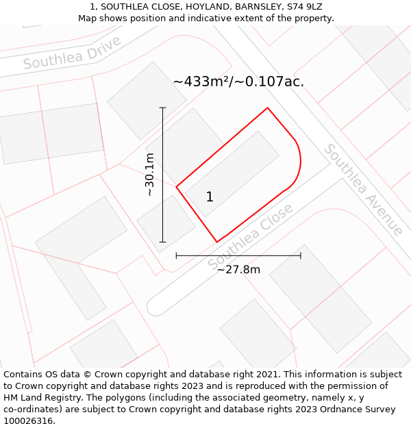 1, SOUTHLEA CLOSE, HOYLAND, BARNSLEY, S74 9LZ: Plot and title map