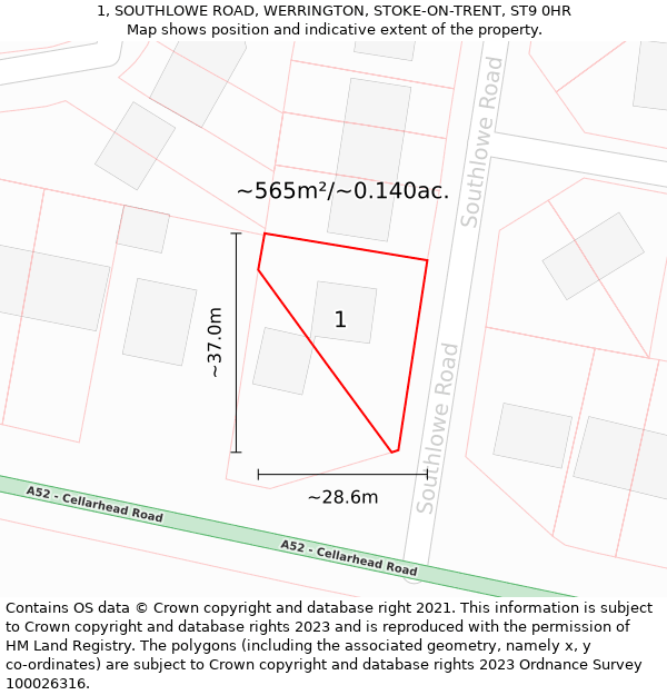 1, SOUTHLOWE ROAD, WERRINGTON, STOKE-ON-TRENT, ST9 0HR: Plot and title map