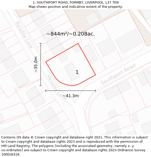 1, SOUTHPORT ROAD, FORMBY, LIVERPOOL, L37 7EN: Plot and title map