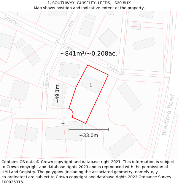 1, SOUTHWAY, GUISELEY, LEEDS, LS20 8HX: Plot and title map