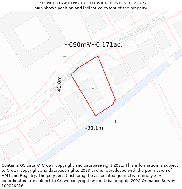 1, SPENCER GARDENS, BUTTERWICK, BOSTON, PE22 0XA: Plot and title map