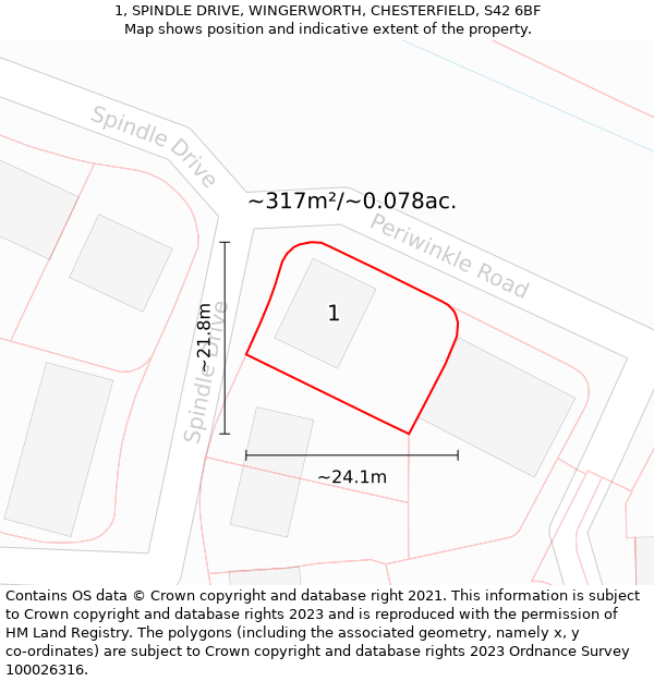 1, SPINDLE DRIVE, WINGERWORTH, CHESTERFIELD, S42 6BF: Plot and title map