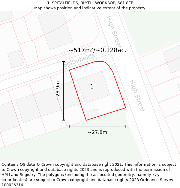 1, SPITALFIELDS, BLYTH, WORKSOP, S81 8EB: Plot and title map